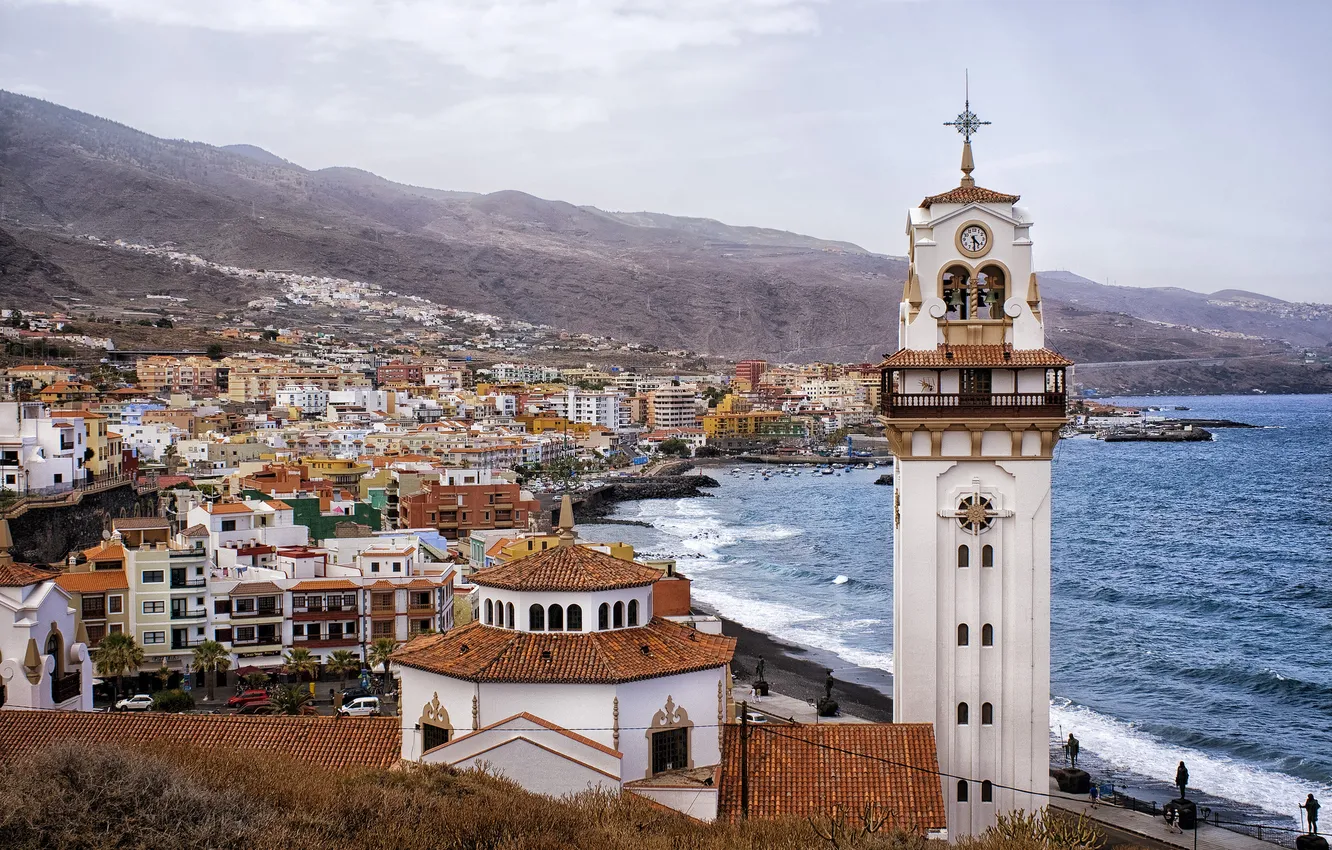 Photo wallpaper mountains, coast, building, panorama, Spain, Spain, Canary Islands, Canary Islands