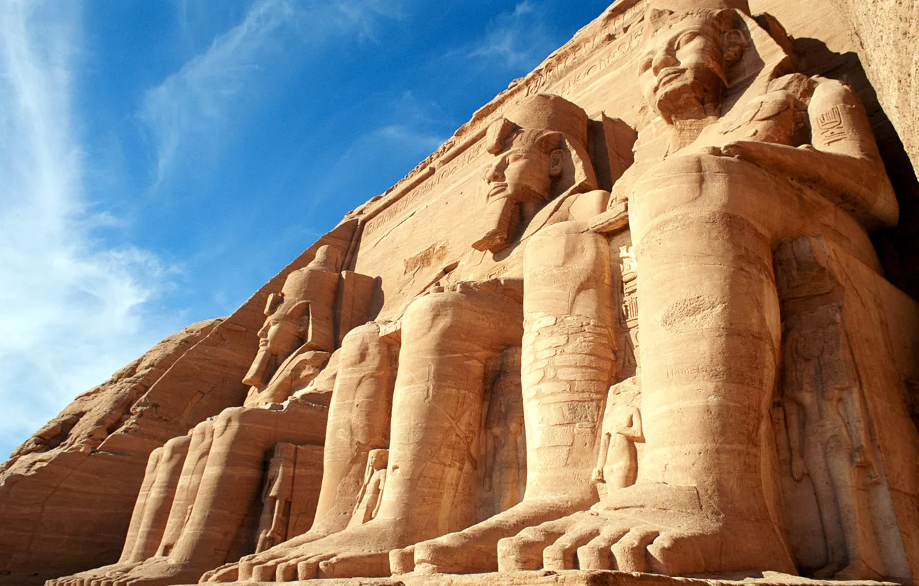 Photo wallpaper the sky, clouds, rocks, temple, Egypt, statue, Abu Simbel