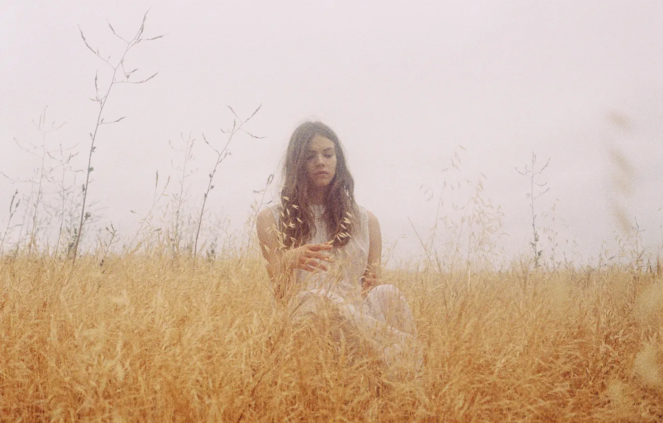 Photo wallpaper girl, sky, dress, field, lips, hair