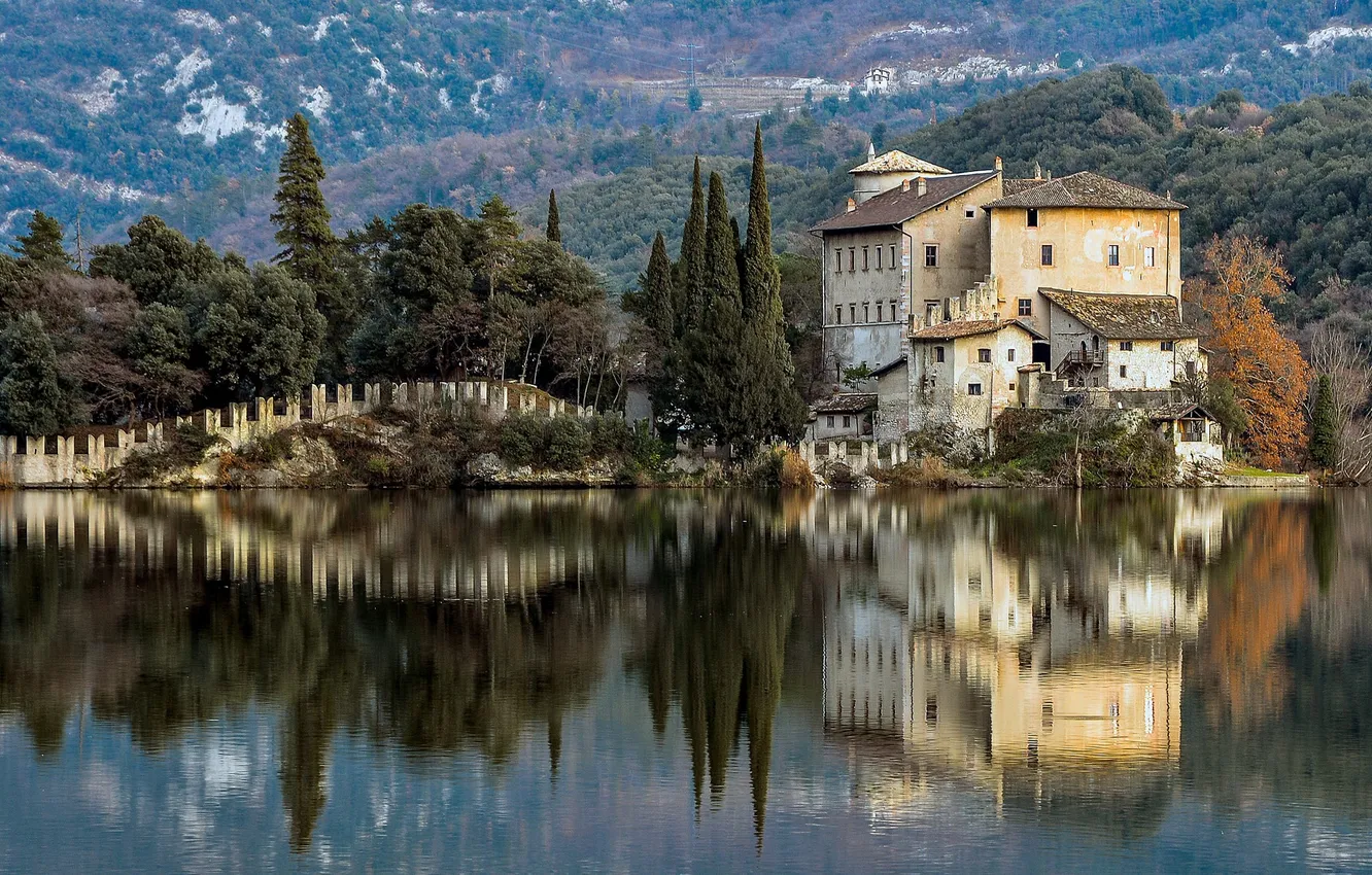 Photo wallpaper Italy, reflection, Castel Toblino, Lake Toblino, Trentino