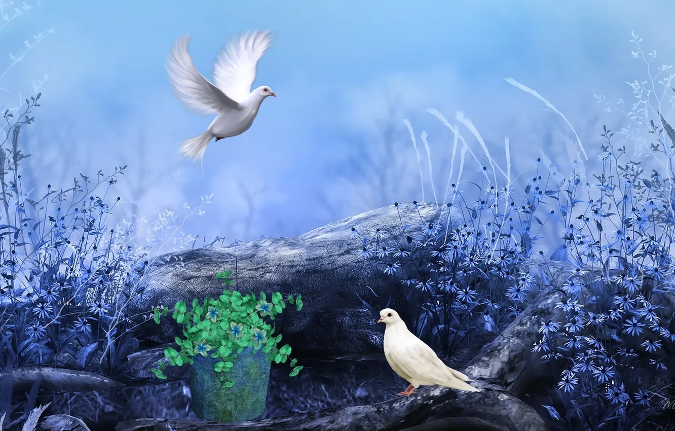 Photo wallpaper flowers, bird, figure, pigeons, field, logs