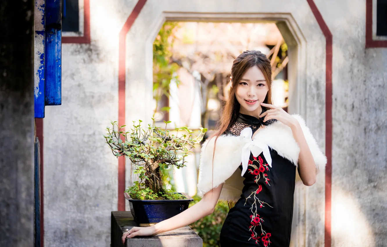 Photo wallpaper look, girl, pose, dress, brown hair, Asian, cutie