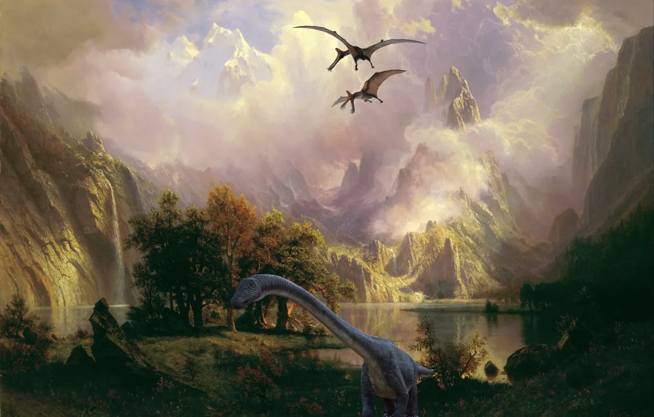 Photo wallpaper clouds, trees, mountains, nature, fog, lake, rocks, dinosaur