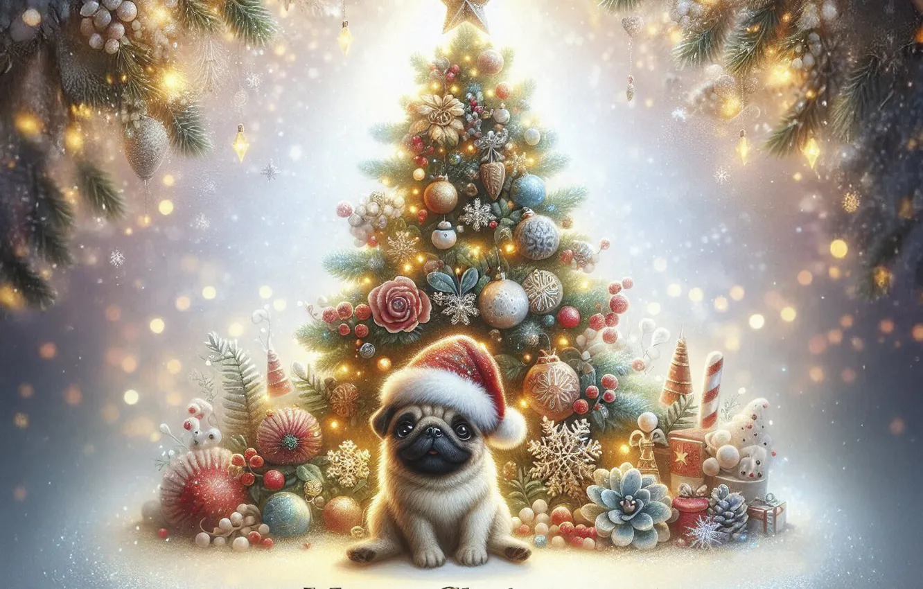 Photo wallpaper balls, lights, new year, dog, Christmas, pug, puppy, light background