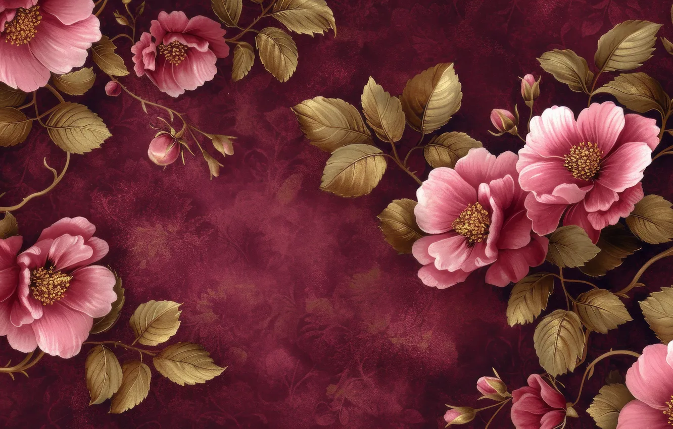 Photo wallpaper flowers, texture, fabric, ornament, composition, AI art, neural network