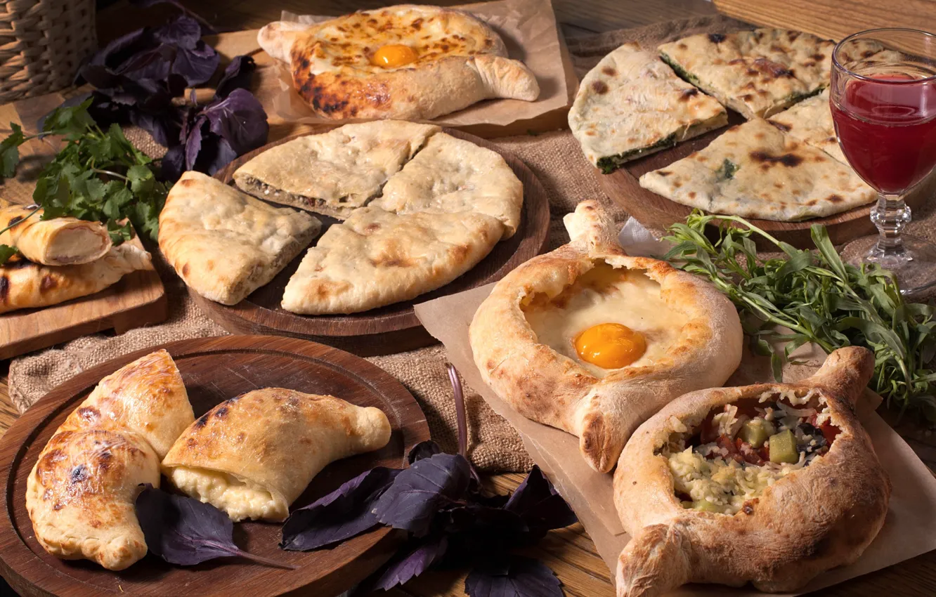 Photo wallpaper wine, eggs, vegetables, filling, cuts, pita, Basil, khachapuri