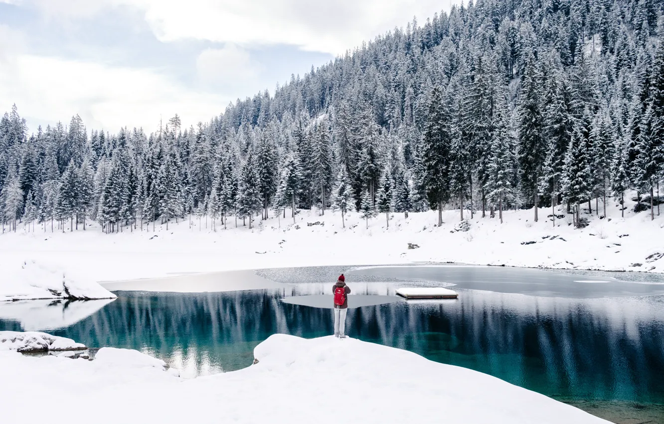 Photo wallpaper cold, winter, forest, snow, lake, Switzerland, Switzerland