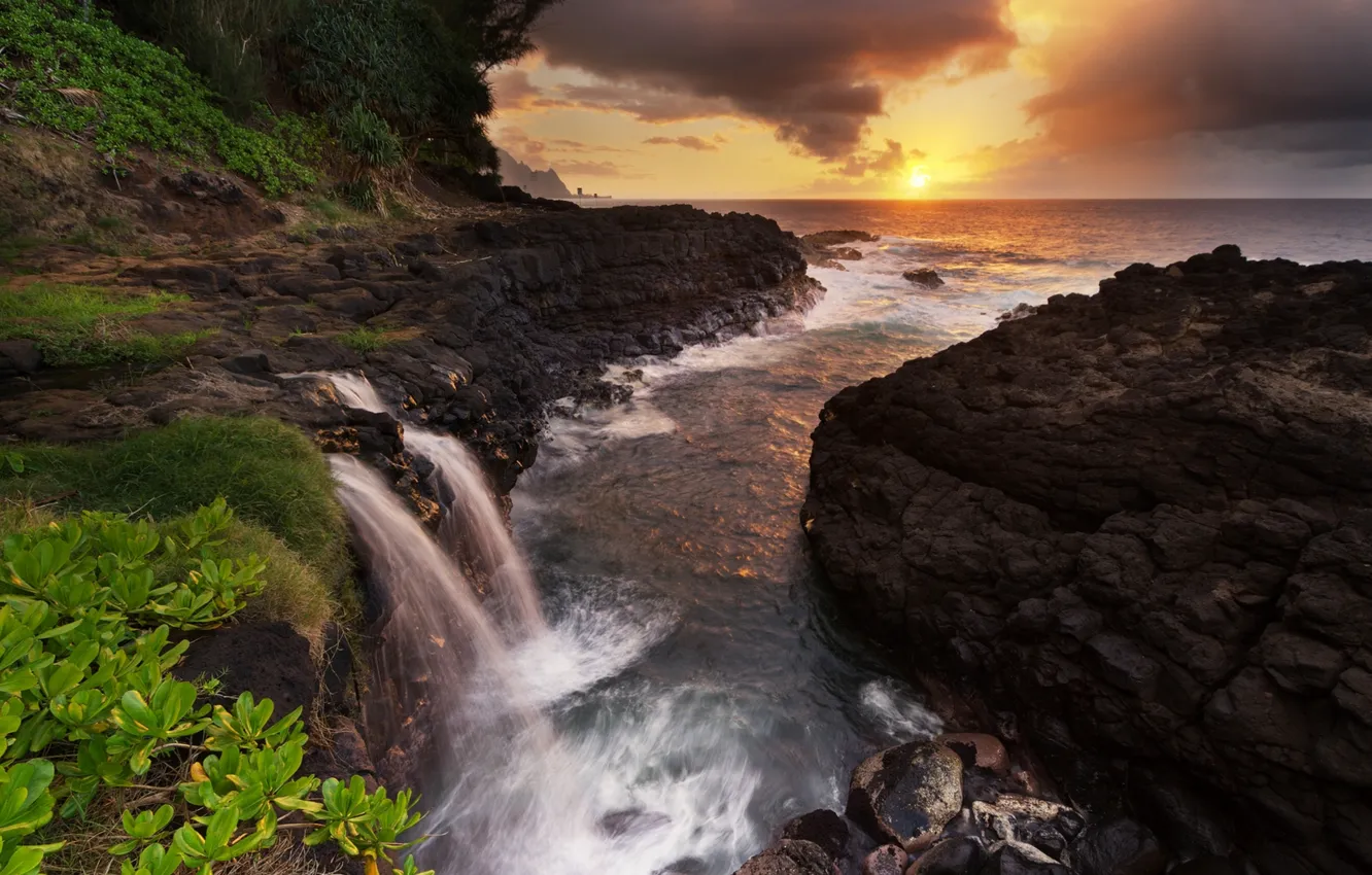 Photo wallpaper sea, sunset, rocks, coast, waterfall
