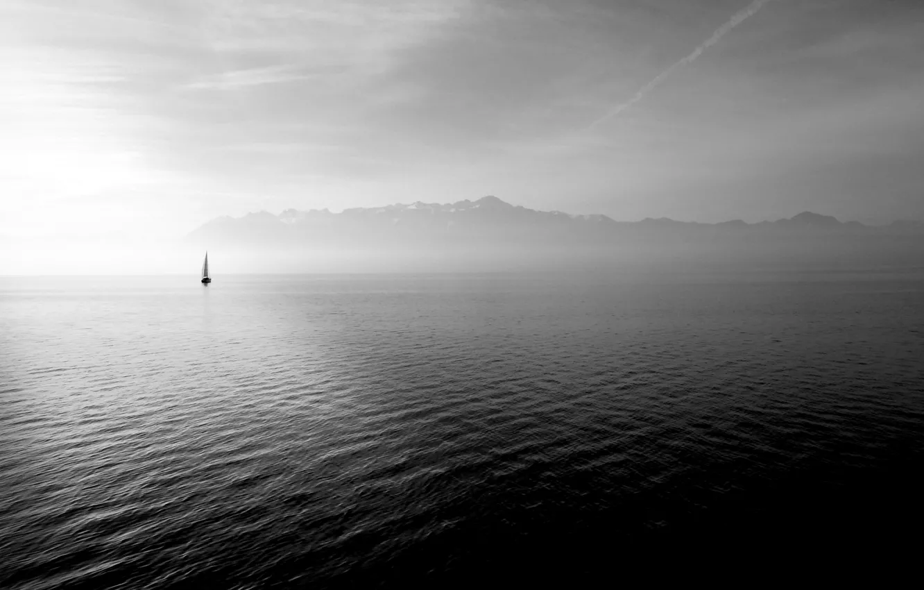 Photo wallpaper sea, ocean, water, black and white, boat, b/w, sail