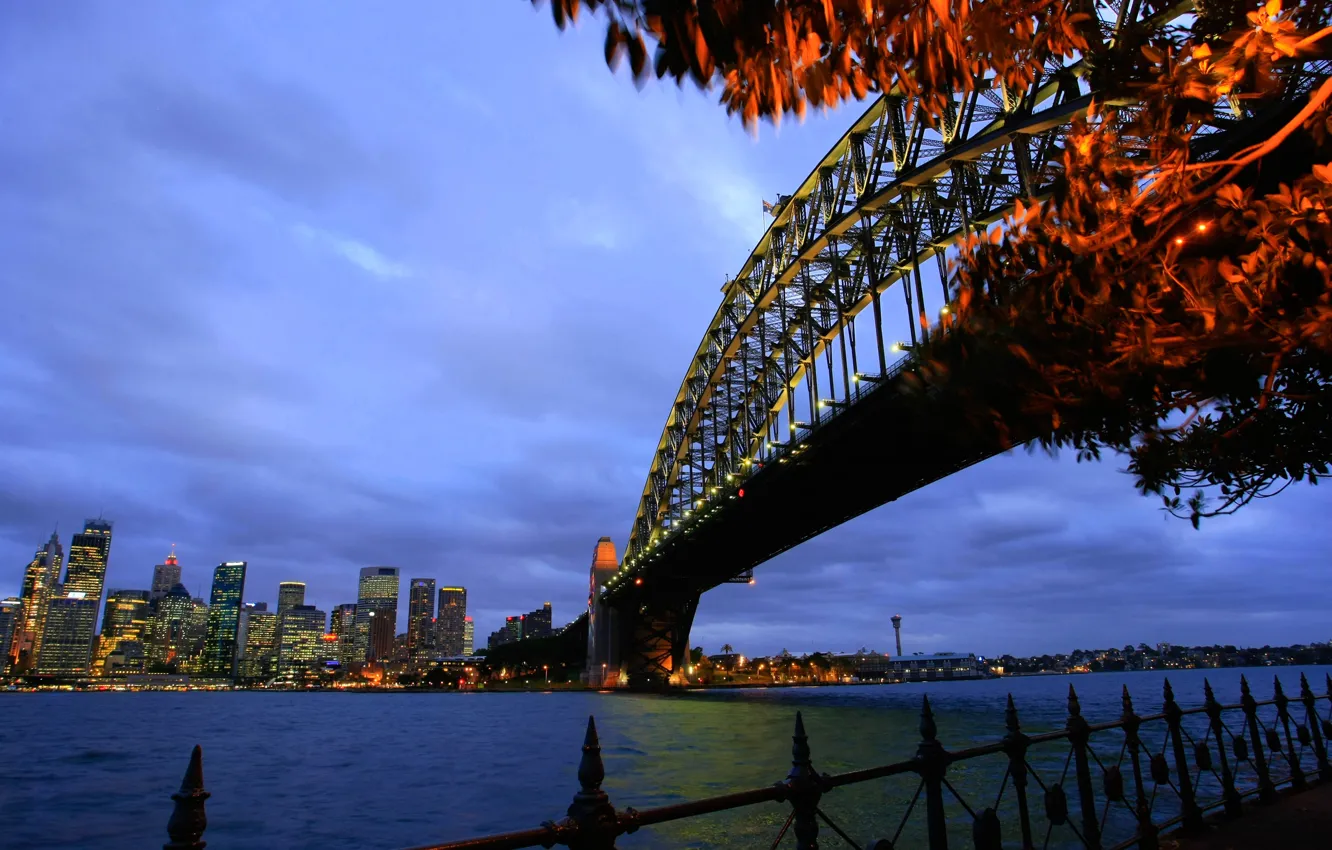 Photo wallpaper bridge, lights, home, the evening, Australia, Bay, Sydney