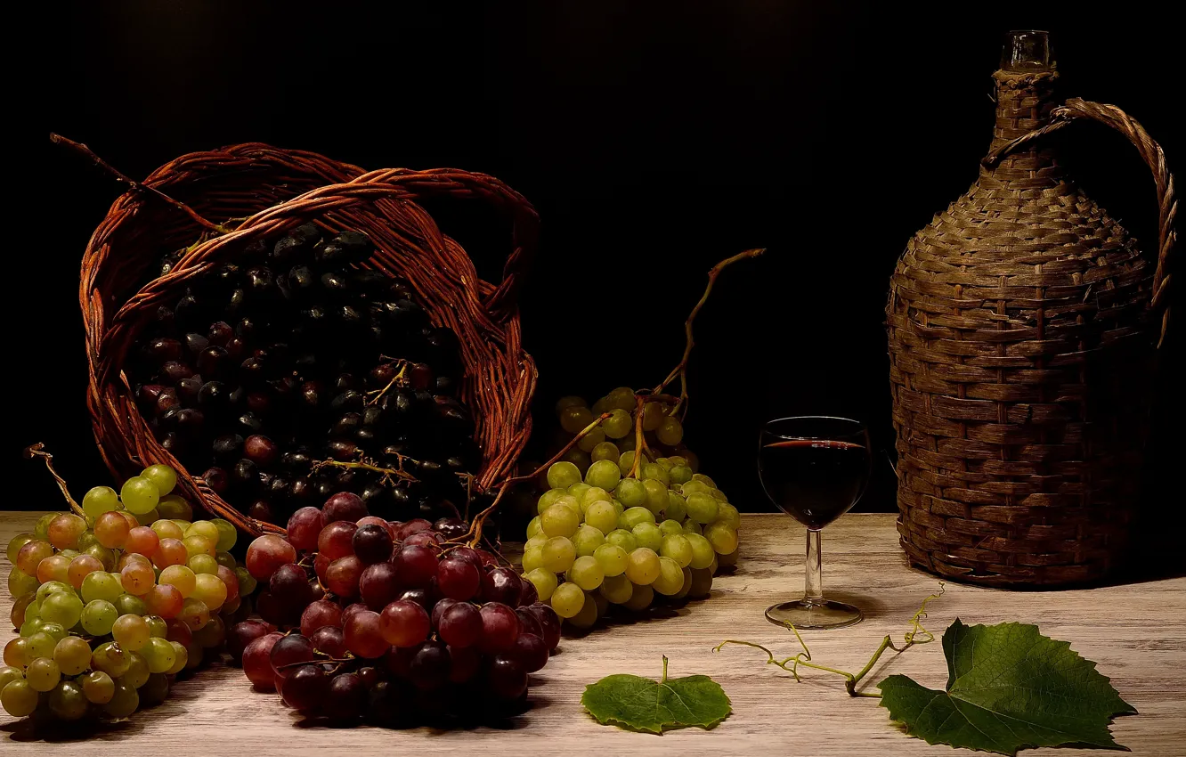 Photo wallpaper the dark background, table, wine, glass, grapes, still life, basket, bottle