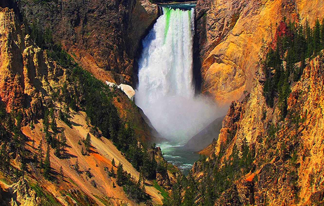 Photo wallpaper trees, river, rocks, waterfall, stream, slope, USA, Yellowstone national Park