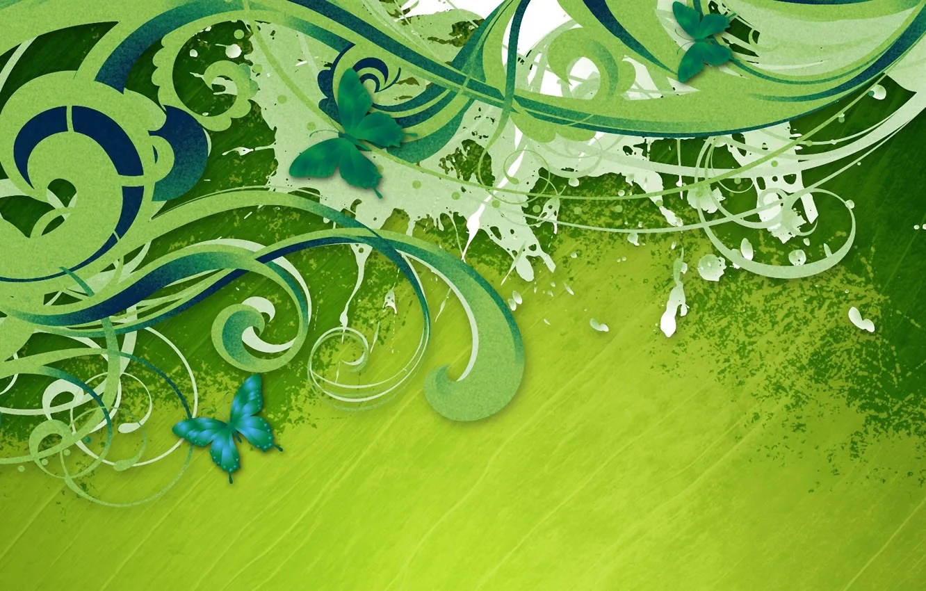 Photo wallpaper butterfly, strip, curls, paint, green background