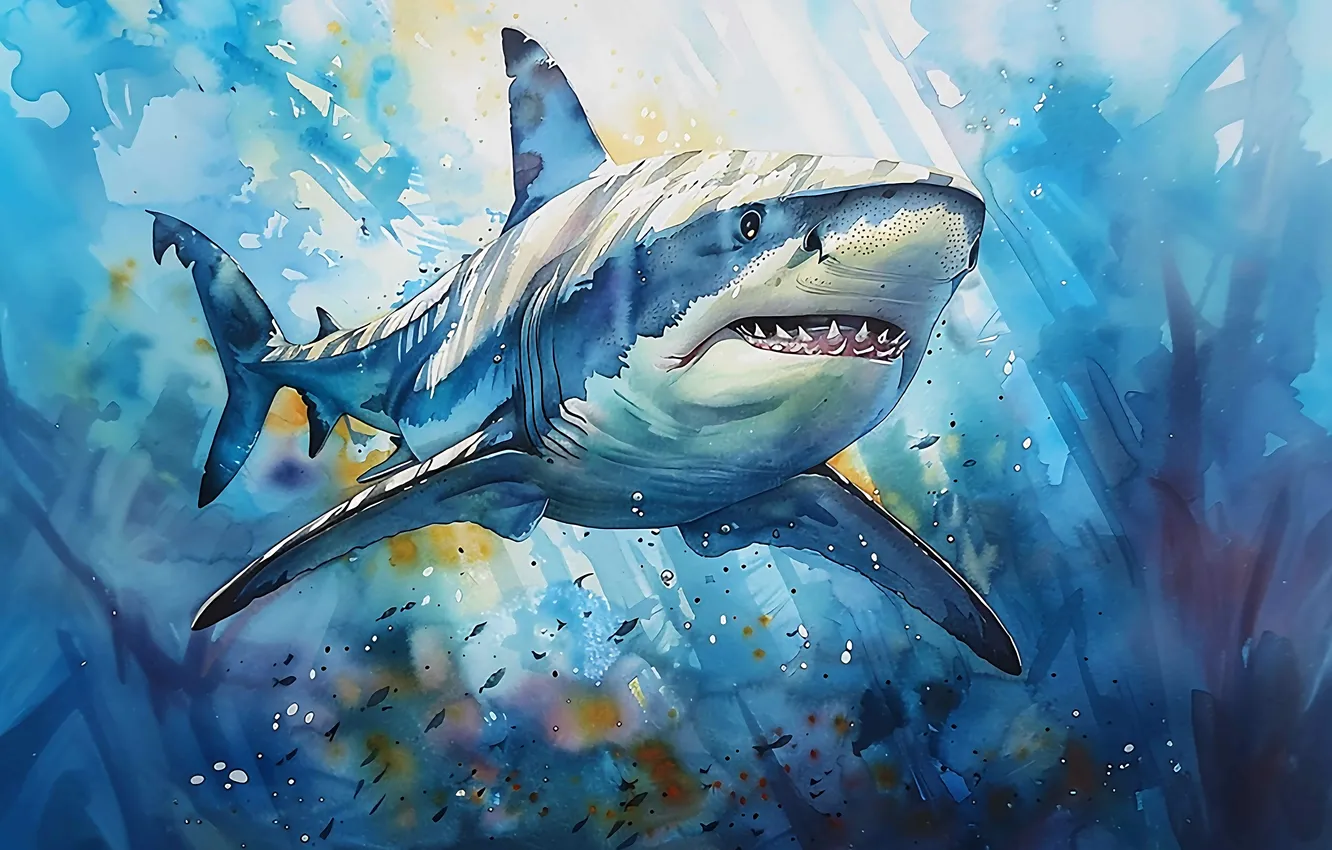 Photo wallpaper predator, shark, underwater world, digital art, imitation painting, AI art, The Art of Artificial Intelligence, …