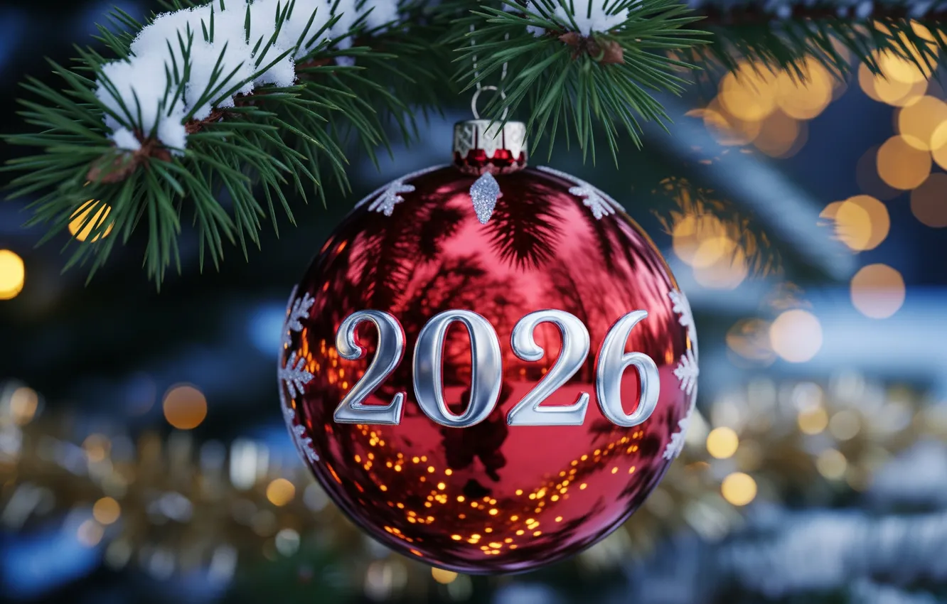 Photo wallpaper winter, snow, art, toy on the Christmas tree, 2026