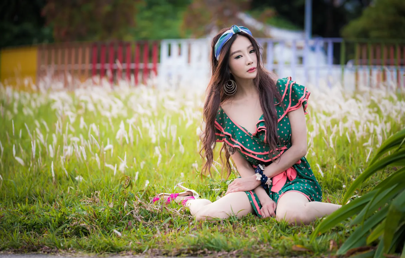 Photo wallpaper sexy, dress, Asian, sitting, knees, bokeh