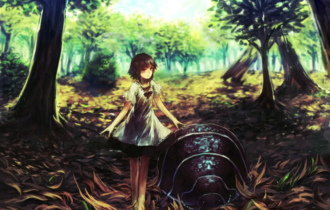 Photo wallpaper forest, the sky, girl, clouds, trees, nature, anime, art
