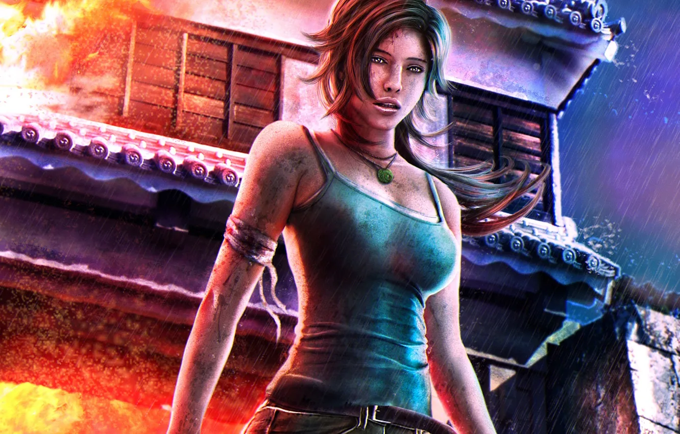 Photo wallpaper fire, home, Tomb Raider, art, Lara Croft