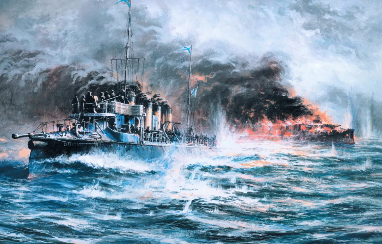 Photo wallpaper sea, wave, the sky, flame, smoke, figure, ship, battle