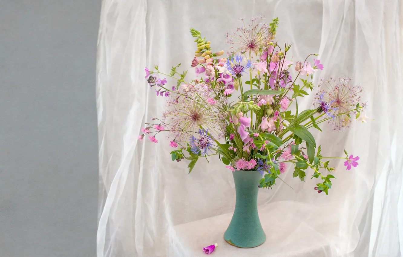 Photo wallpaper tenderness, bouquet, fabric, cornflowers, digitalis