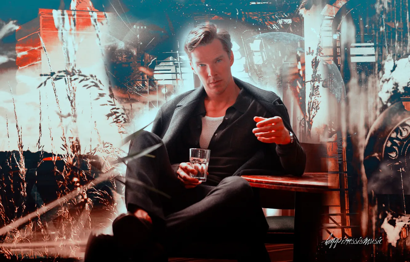 Photo wallpaper grass, look, abstract, sitting, Benedict Cumberbatch, Benedict Cumberbatch, British actor, by happinessismusic