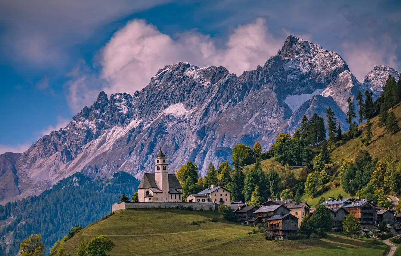 Photo wallpaper trees, mountains, home, slope, Italy, Church, Italy, The Dolomites