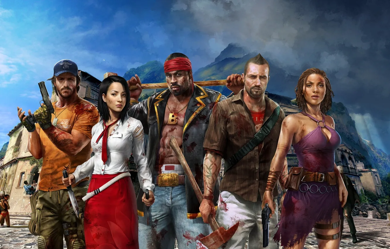 Photo wallpaper mountains, clouds, weapons, guns, island, knife, zombies, zombie