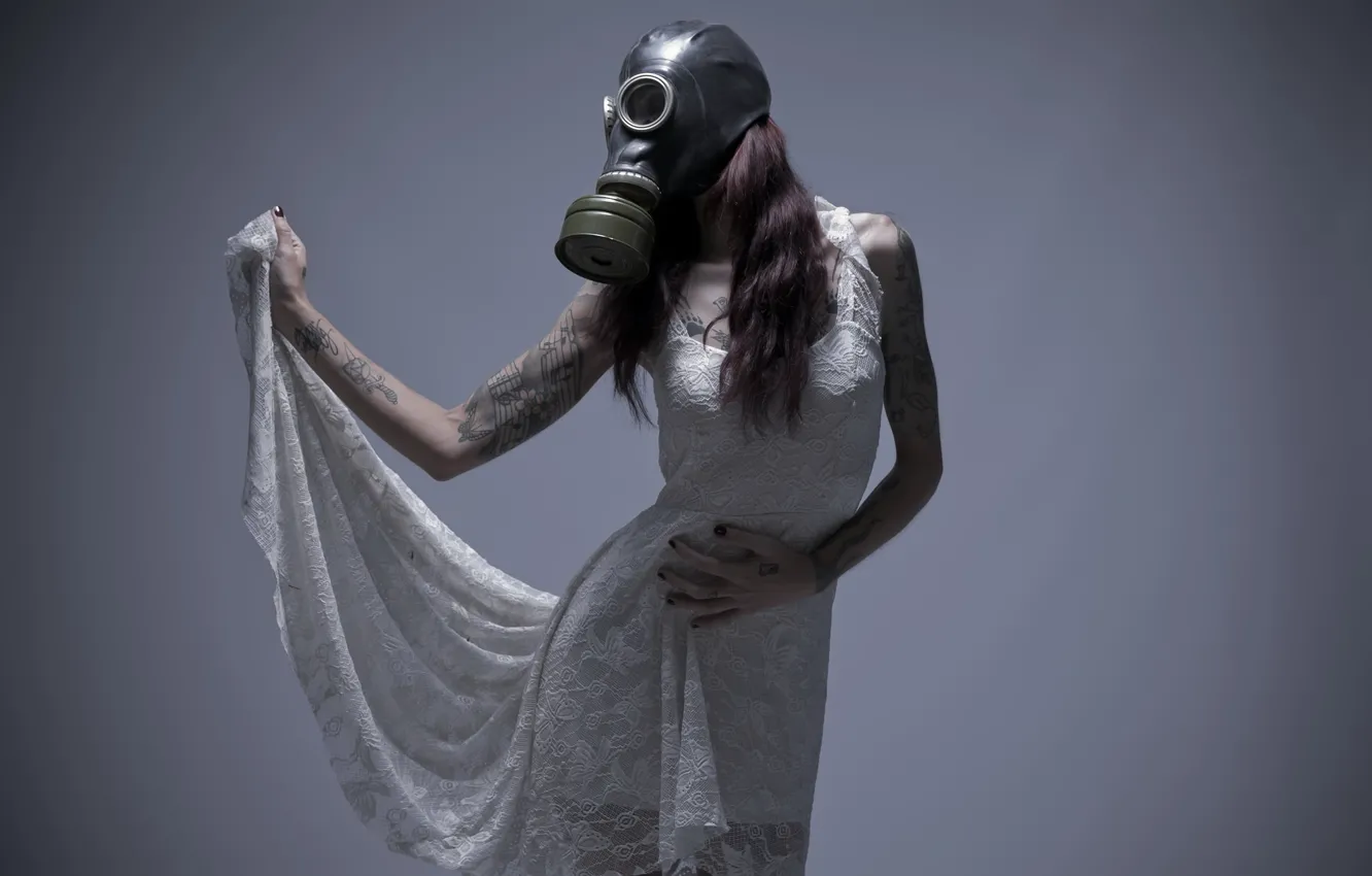 Photo wallpaper girl, tattoo, gas mask