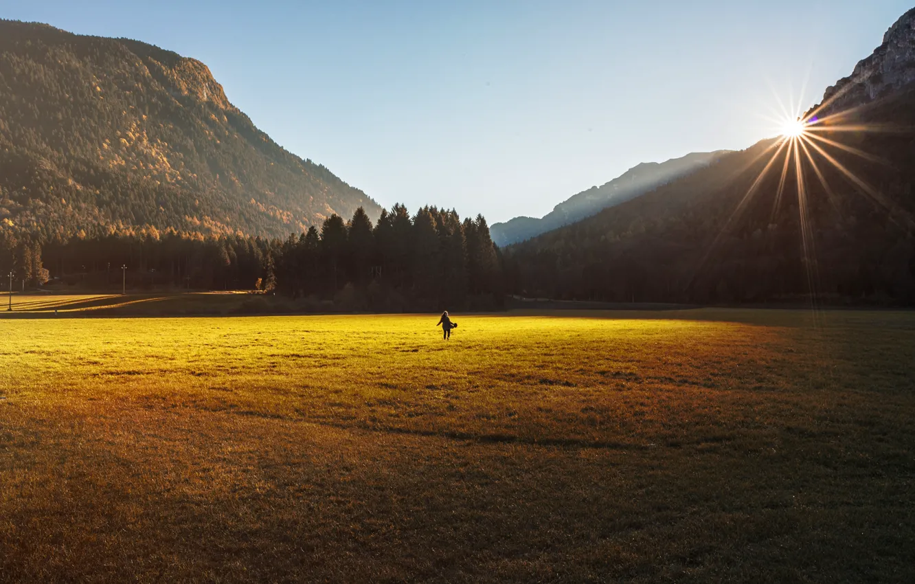 Photo wallpaper field, the sky, girl, the sun, mountains, back