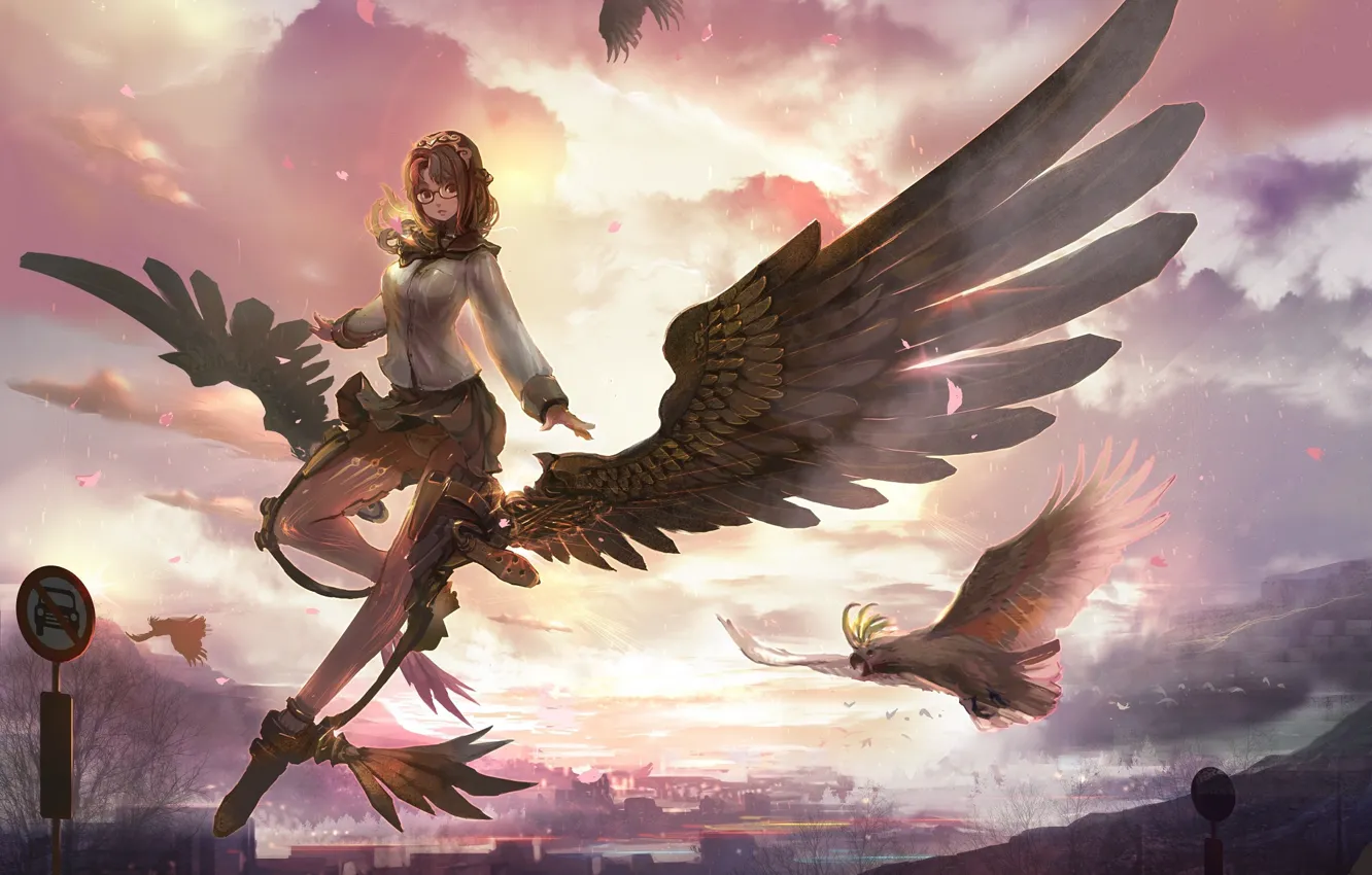 Photo wallpaper art, angel, anime, girl, bird, sunset