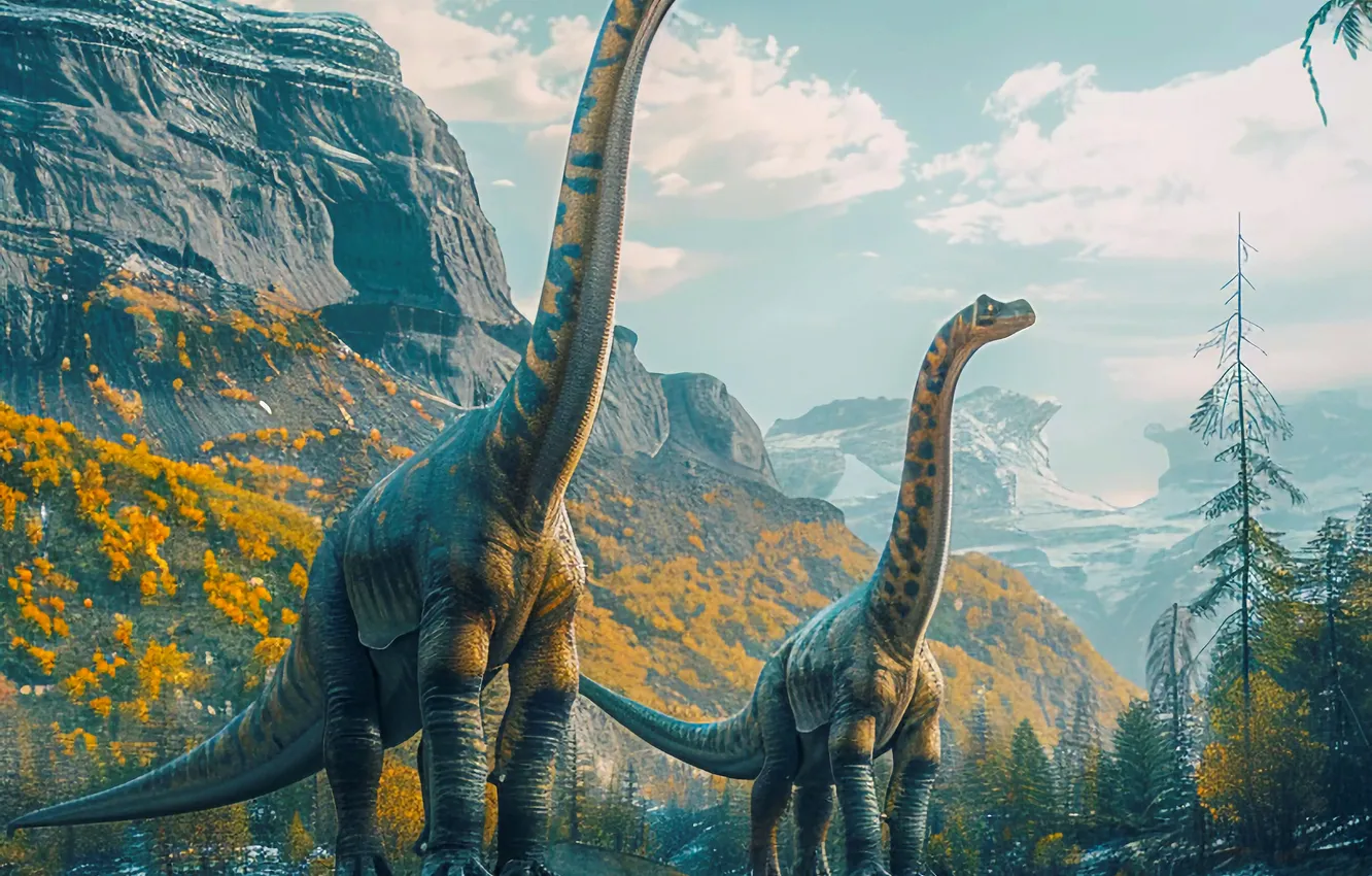 Photo wallpaper water, clouds, trees, mountains, river, animal, dinosaur, two