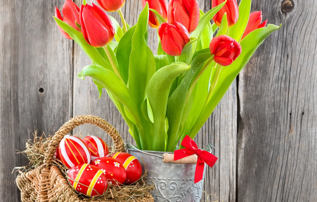 Photo wallpaper eggs, Easter, tulips, red, flowers, tulips, eggs, easter