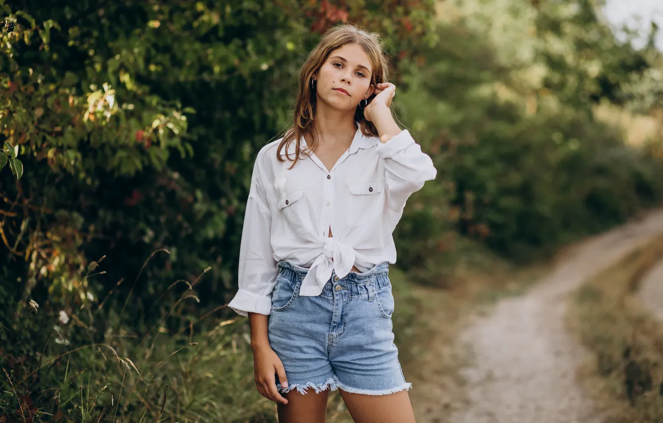 Photo wallpaper girl, shorts, beautiful, Denim, cute, shirt