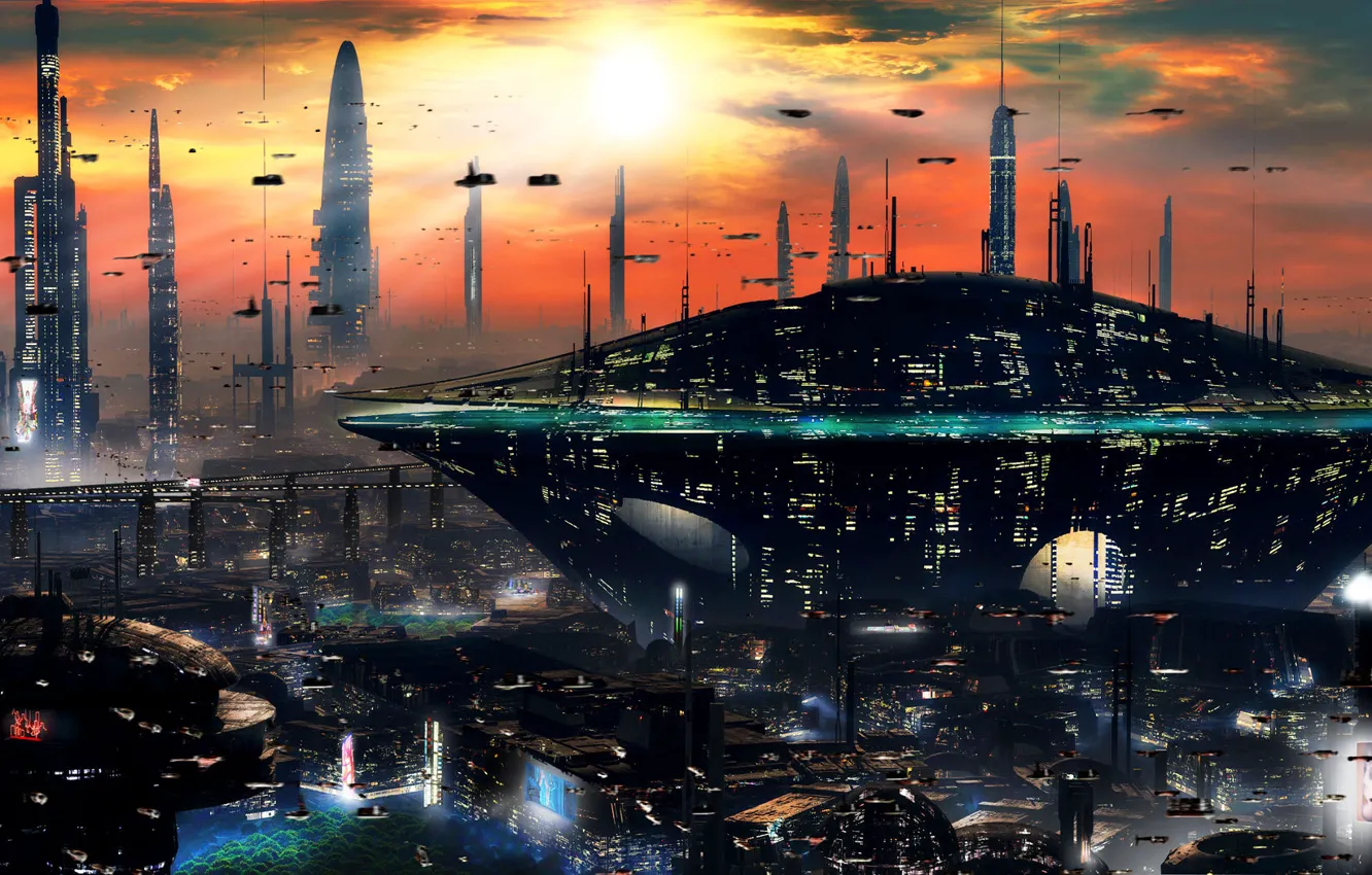 Photo wallpaper sunset, the city, future, skyscrapers, sci-fi