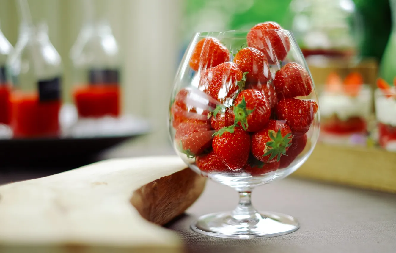 Photo wallpaper glass, berries, table, glass, bottle, strawberry, juice, bokeh