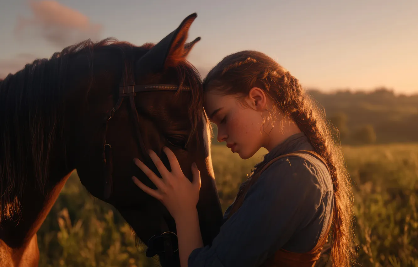 Photo wallpaper field, girl, light, pose, each, horse, horse, hands