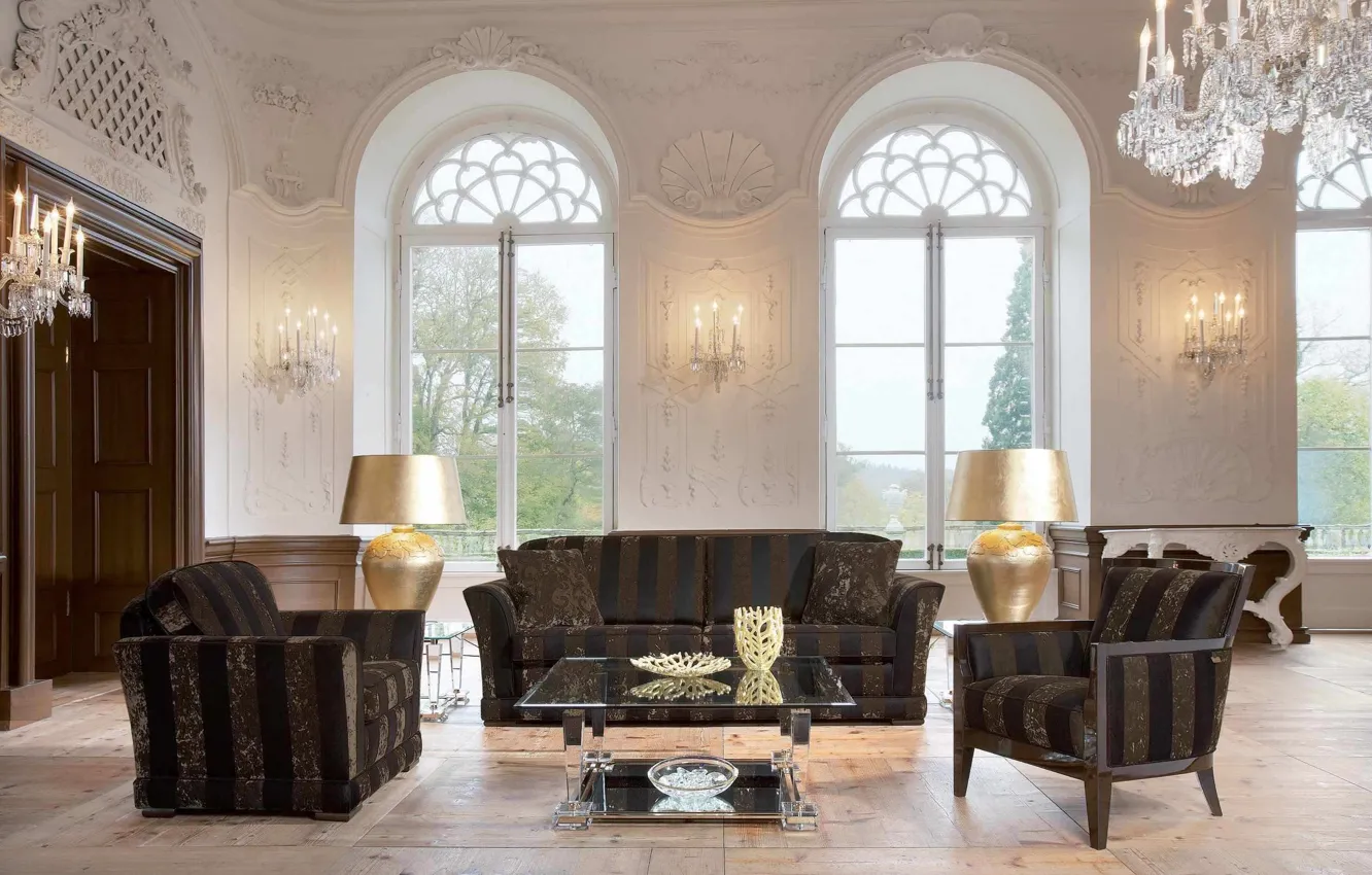 Photo wallpaper room, sofa, interior, chair, chandelier, table, living room
