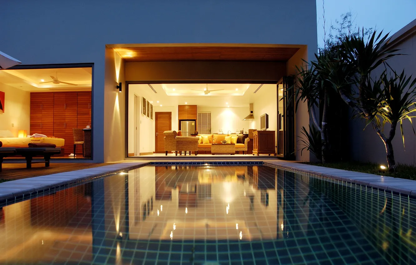 Photo wallpaper Villa, interior, pool, Thailand, Phuket, resort, bedroom, living room