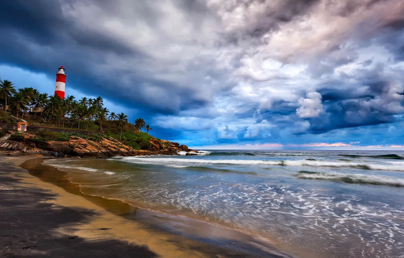 Photo wallpaper sea, clouds, palm trees, lighthouse, India, Cape, Kerala