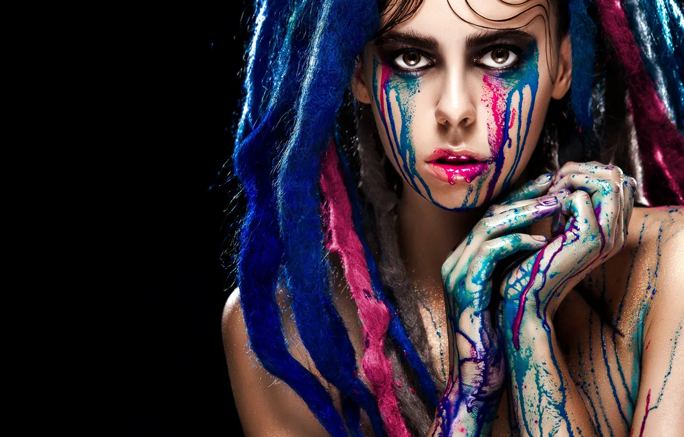 Photo wallpaper blue, drag, model, tears, look, pose, fingers, makeup