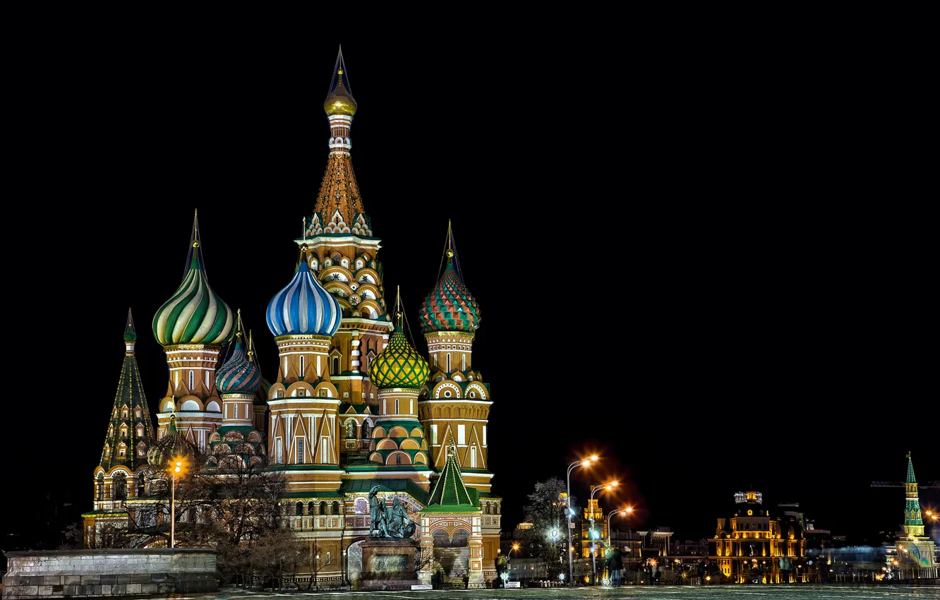 Photo wallpaper night, lights, the building, lights, Moscow, St. Basil's Cathedral, architecture, dome