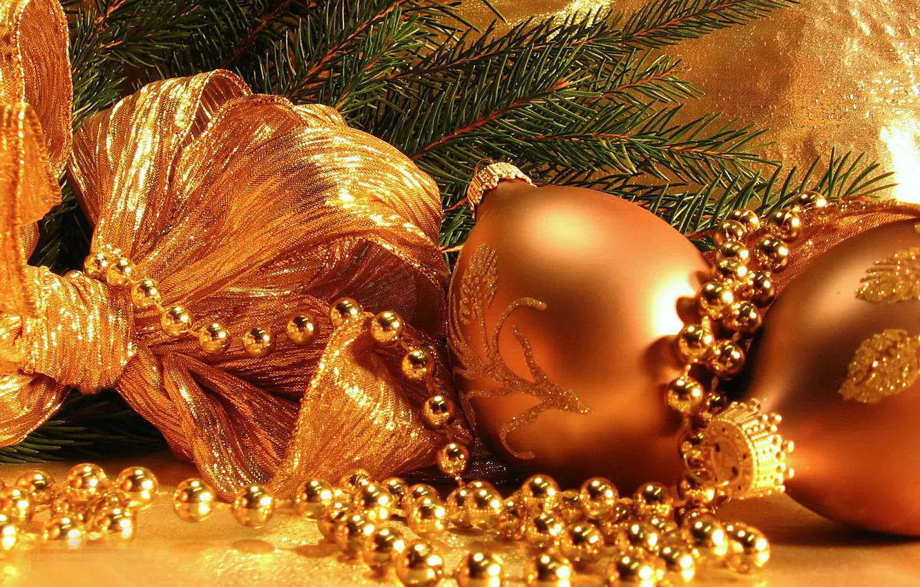 Photo wallpaper decoration, gold, toys, new year, spruce, beads