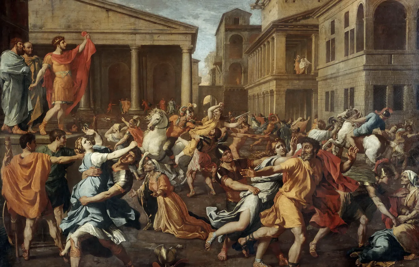 Photo wallpaper Paris, oil, picture, The Louvre, canvas, French painter, Nicolas Poussin, The rape of the Sabine …