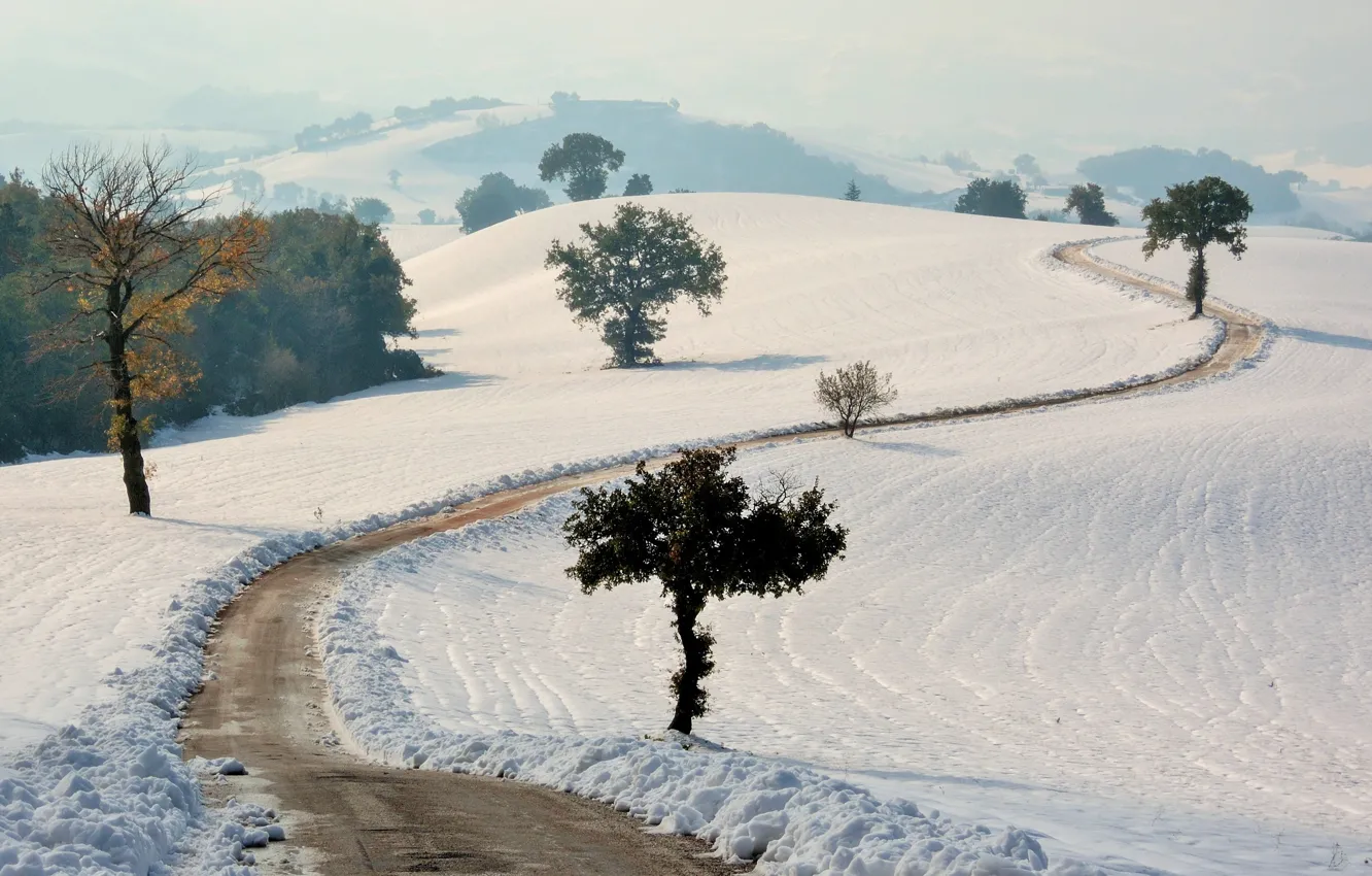 Photo wallpaper road, field, snow, landscape