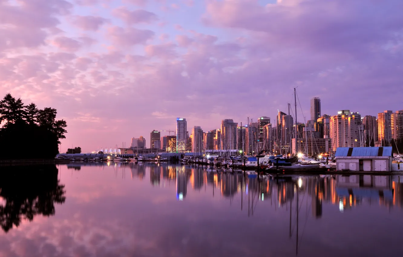 Photo wallpaper clouds, the ocean, dawn, building, Marina, skyscrapers, yacht, Canada