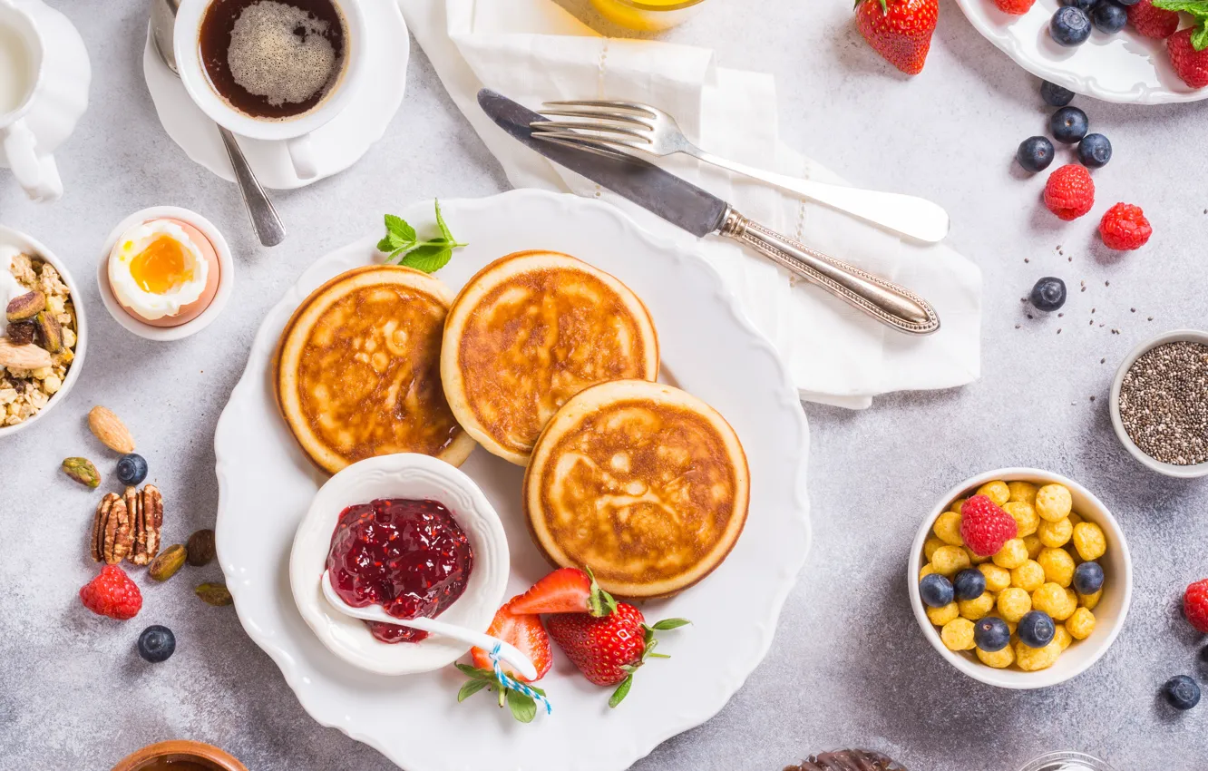 Photo wallpaper berries, coffee, Breakfast, juice, pancakes, Iryna Melnyk