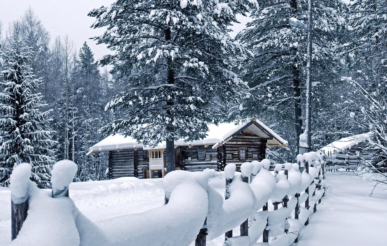 Photo wallpaper winter, snow, house, the fence, the snow, pine, weather