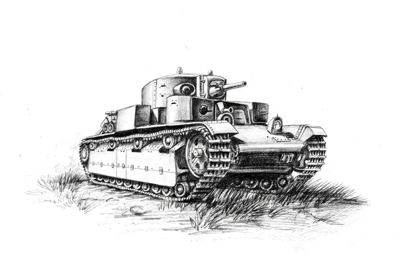Photo wallpaper art, tank, pencil, Soviet, average, T-28, black and white drawing