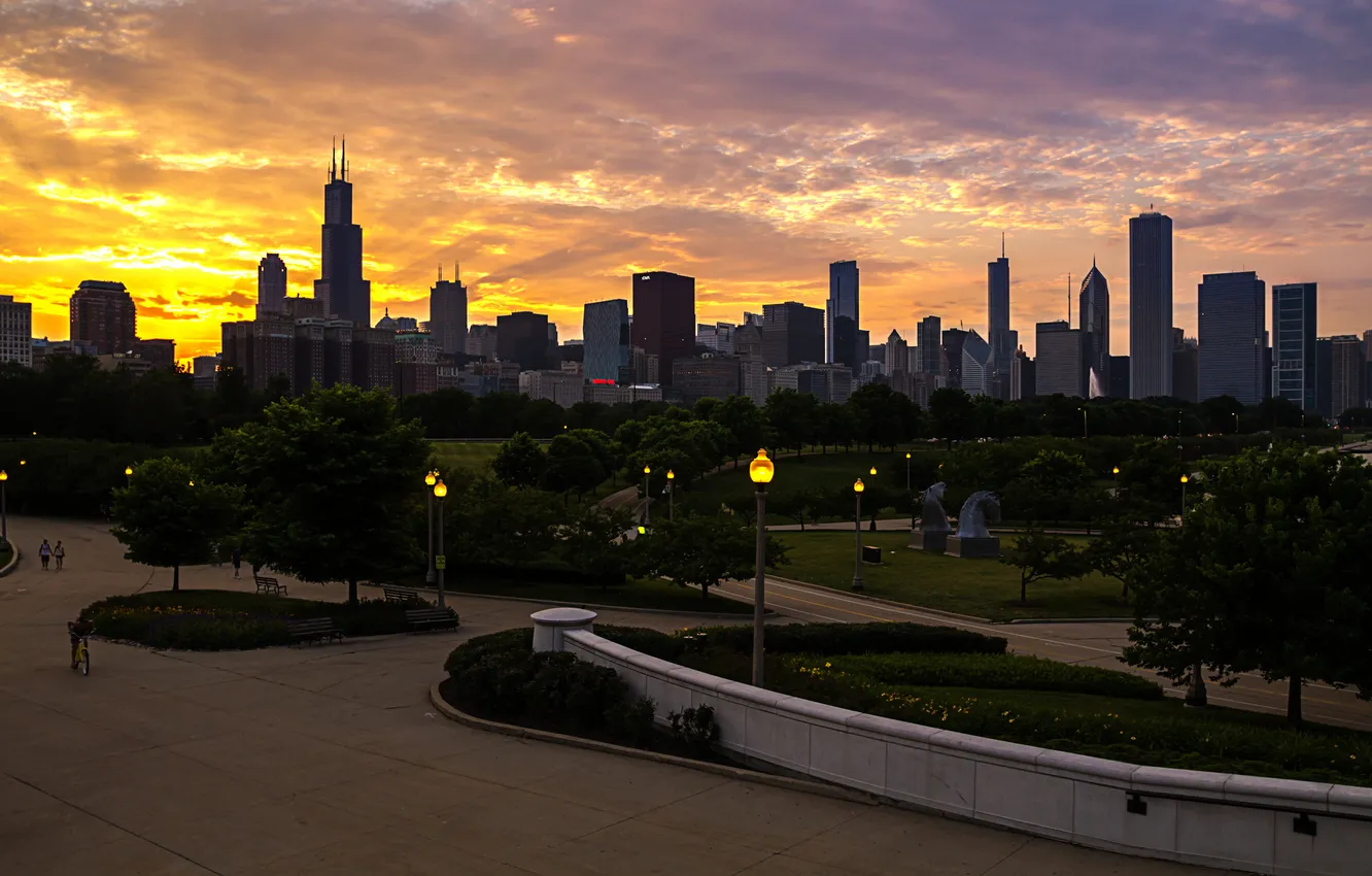 Photo wallpaper sunset, the city, Park, home, Chicago, Illinois