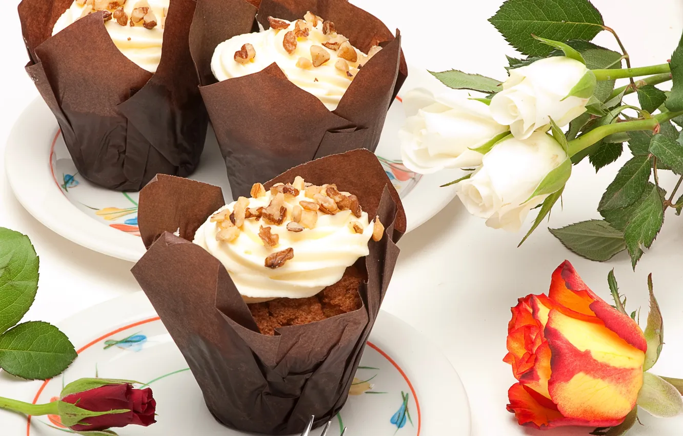Photo wallpaper roses, nuts, cream, muffins
